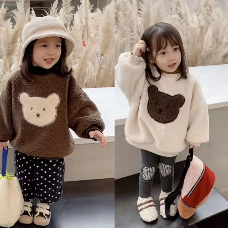 

Boys And Girls Sweater Cartoon Bear Double Layer Fleece Thick Top Coat Winter New Children'S Clothing