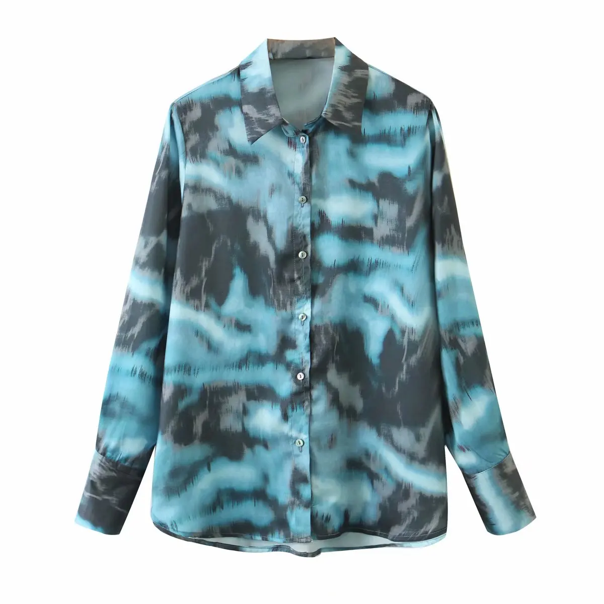 women blouses early autumn new style European and American style tie-dye blue floral print lapel single-breasted shirt women