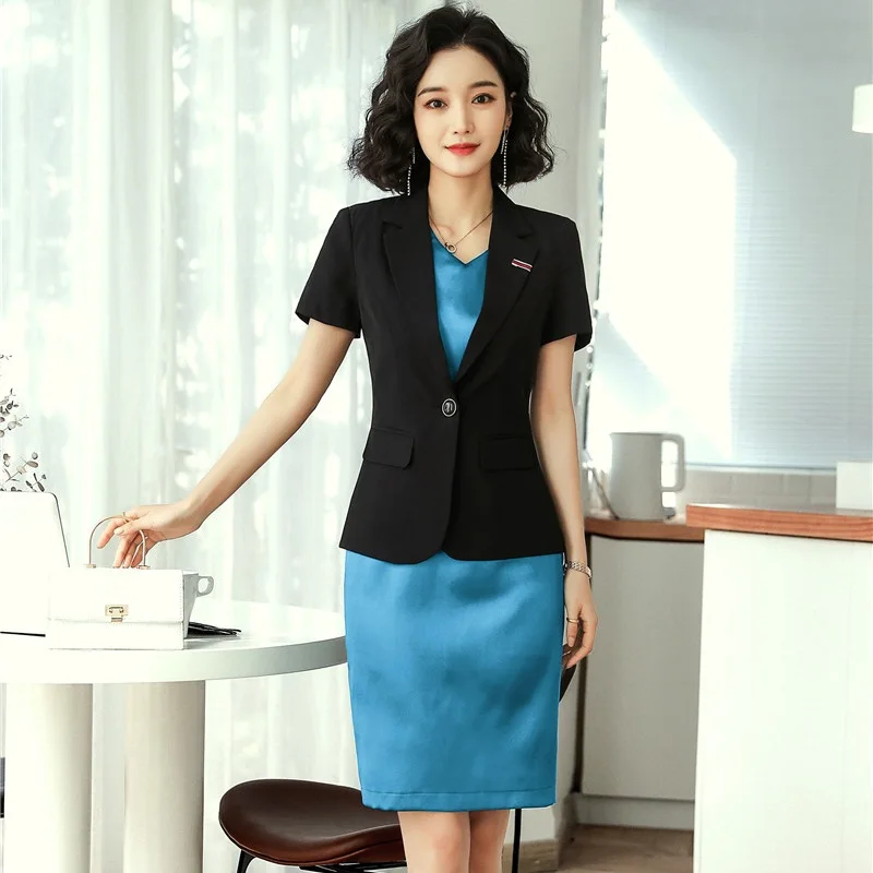 

Fashionl Ladies Black Blazer Women Business Suits Work Wear Dress and Jacket Set Half Sleeve Elegant OL Styles