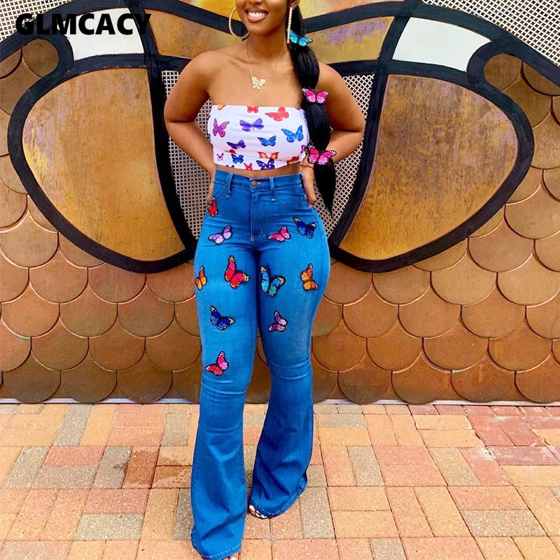 Женские джинсы с высокой талией широкие брюки бабочками расклешенными