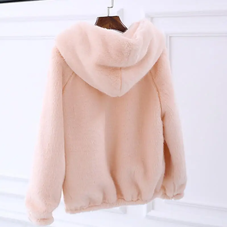 pink Новинка года, пальто из искусственного меха с капюшоном, высокая талия, Модная приталенная куртка из искусственного меха черного, красного и розового цвета, осенне-зимние топы из искусственного меха кролика - Цвет: pink