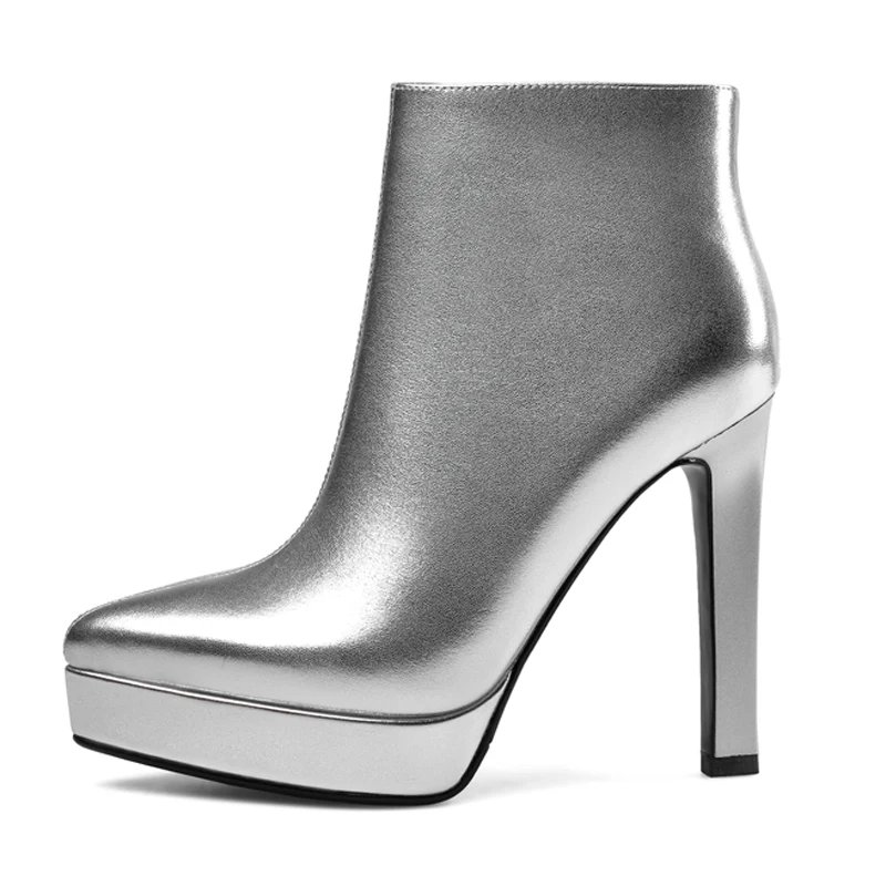 Модные женские зимние ботинки с острым носком на массивном каблуке молнии