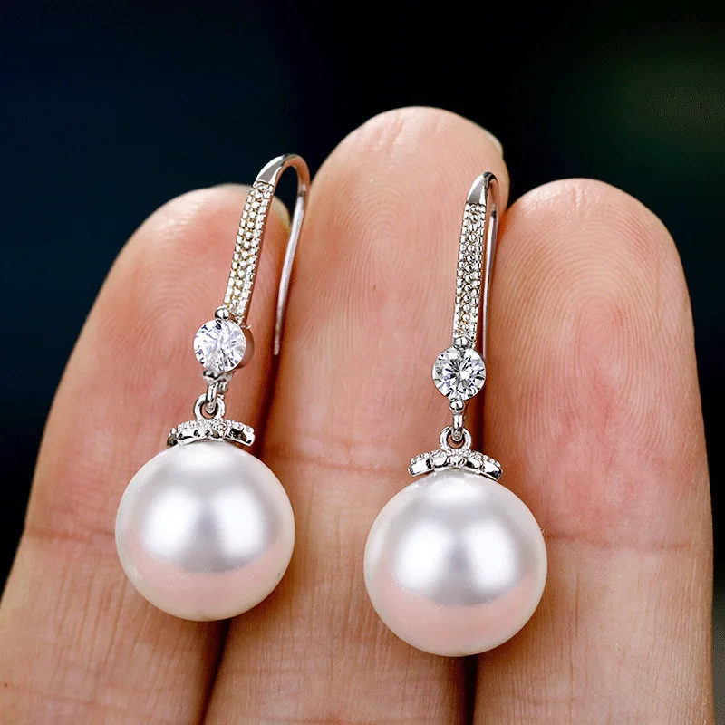 

New Elegant Round Imitation Pearl Dangle Earrings Dazzling CZ Women Engagement Wedding Graceful Accessories Fashion Jewelry