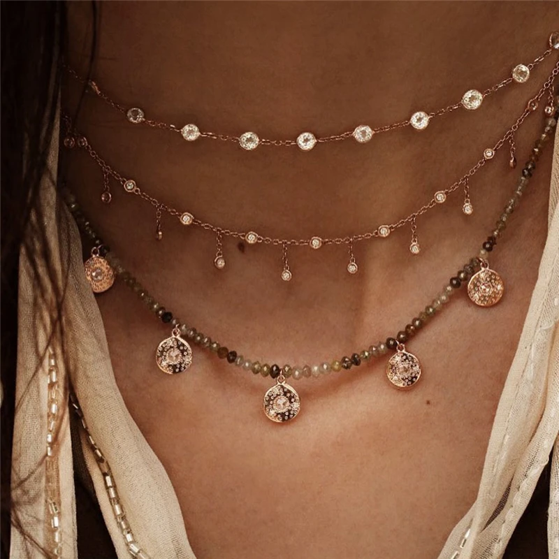 Boho винтажное модное многослойный ожерелье s для женщин Многоэлементный геометрический Хрустальный каменный кулон длинное ожерелье подарок ювелирные изделия - Окраска металла: NE-0054-6