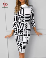 striped colorblock insert women bodycon dress three quarters sleeve mock neck office ladies casual midi dress