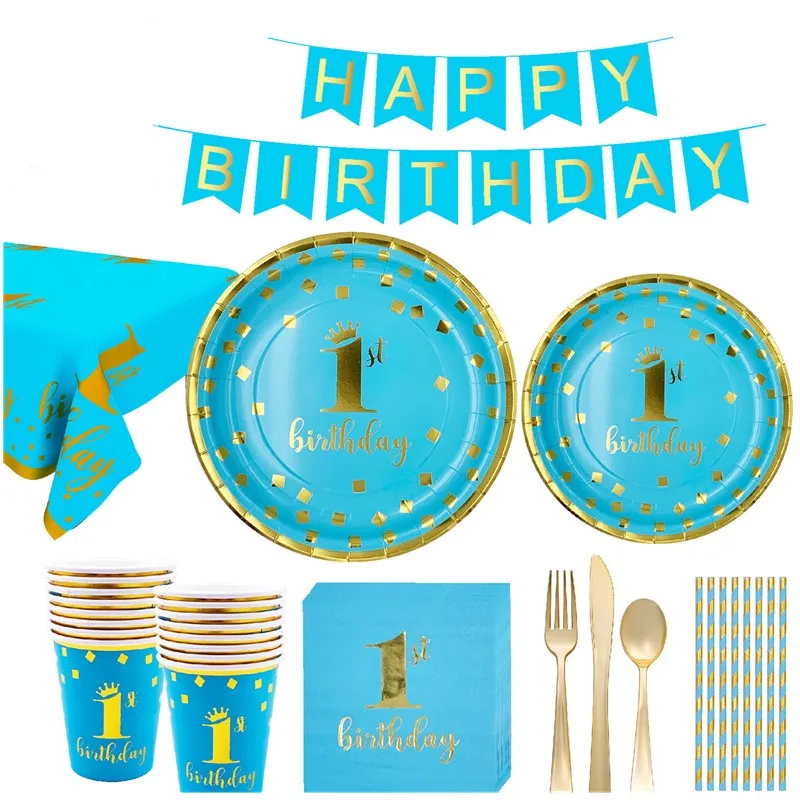 Детские 1st на день рождения одноразовая посуда розовый синий Салфетка под