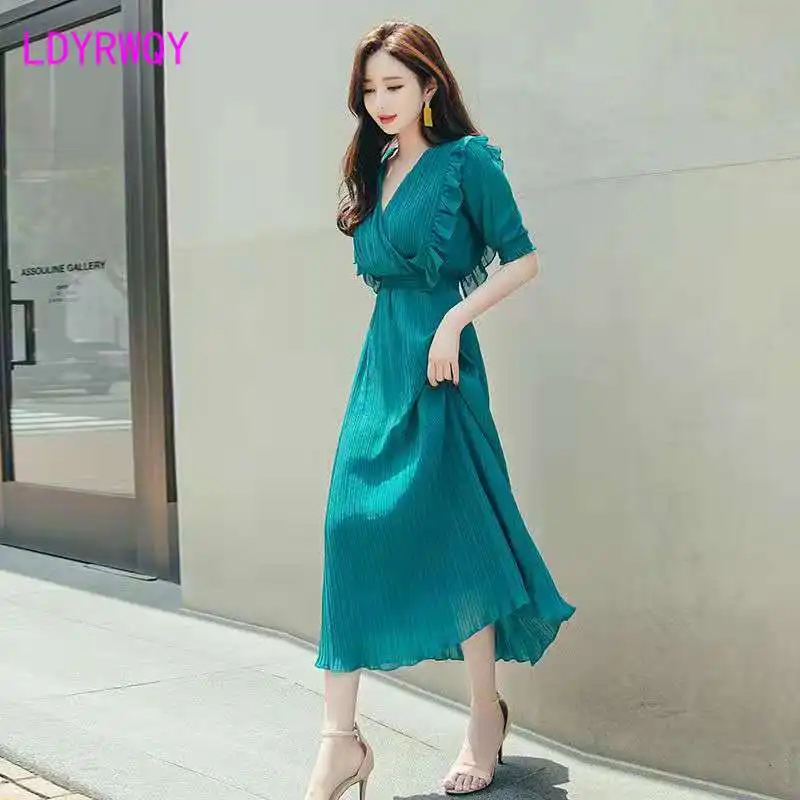 

LDYRWQY 2021 spring new women's fashion temperament is thin pleated dress Zipper Knee-Length