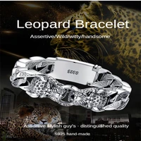 the new s925 thai silver 15mm wide thick woven bracelet mens retro double leopard head personalized ring braceletjewelry gift