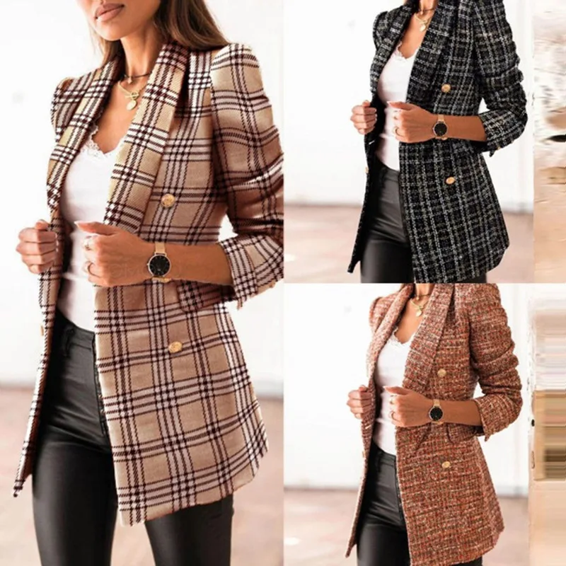

Women Jackets Autumn Winter Long Sleeve Plaid Print Turn-down Collar Double Button Design Casual Slim Fashion Coat Lady Clothes
