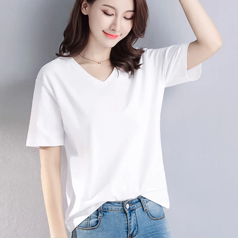 

Women Soft Cotton T-shirt V-NECK Solid color Lady Tees Short Sleeve Summer Women's clothings All match Female T-shirts