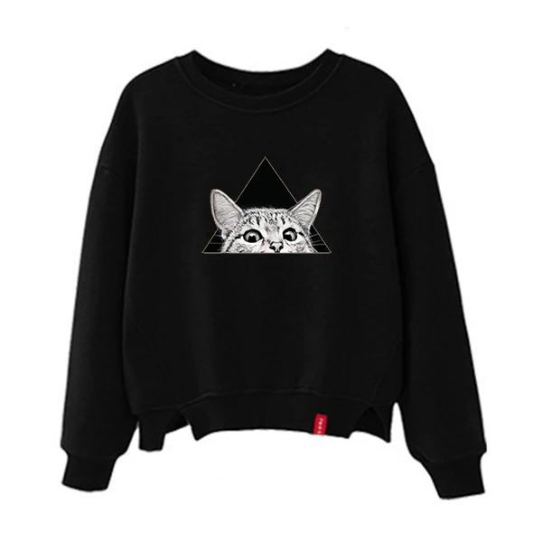 Кошка забавная Толстовка чёрное худи мультфильм Женская толстовка женщина розовый милый хлопок толстовки