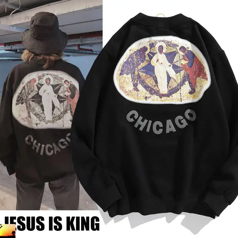 

Флисовая Толстовка Kanye с изображением Иисуса и короля Чикаго, религиозная масляная живопись, водолазка с 3D эффектом пены, толстовки с HD-печа...