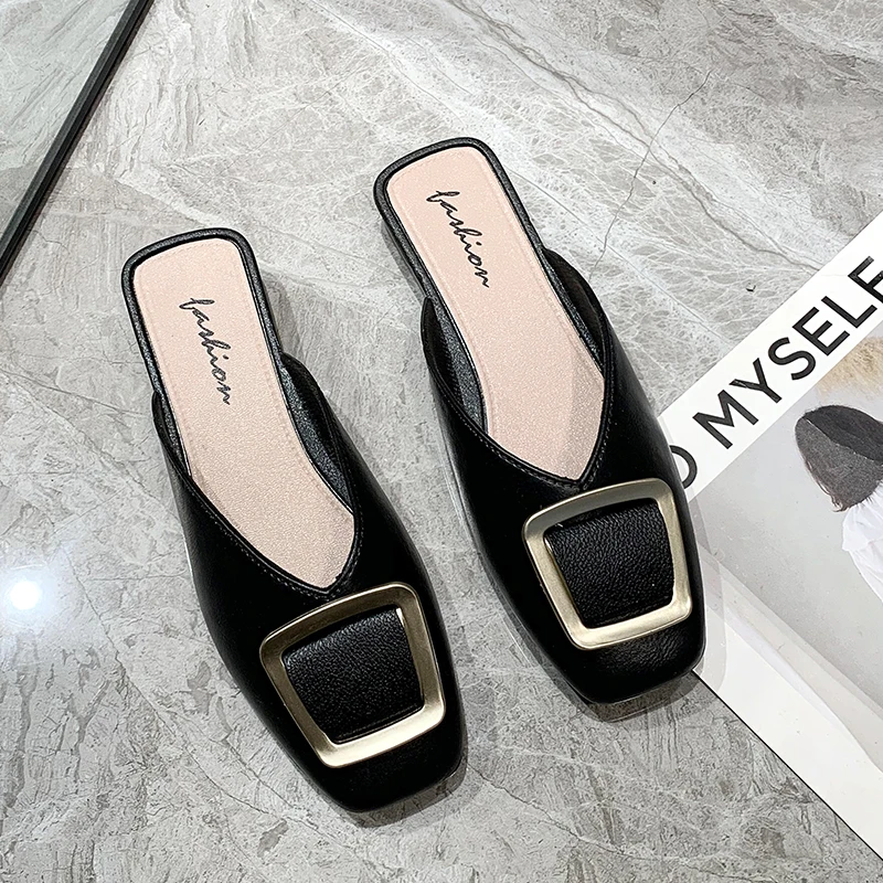 

2021Spring Summer Leather Low Heel Women Shoes Casual Ladies Slippers Mules Shoes Woman Slippers Fashion Designer Slippers Heels