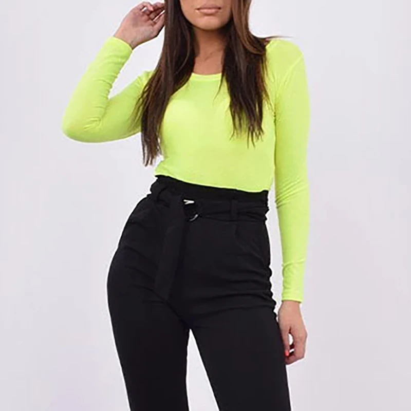 Fluorescent Green Базовые боди с длинным рукавом, женские Обтягивающие Комбинезоны с круглым вырезом, комбинезоны, женские повседневные однотонные неоновые бодикон Топы GV188 - Цвет: Fluorescent Green