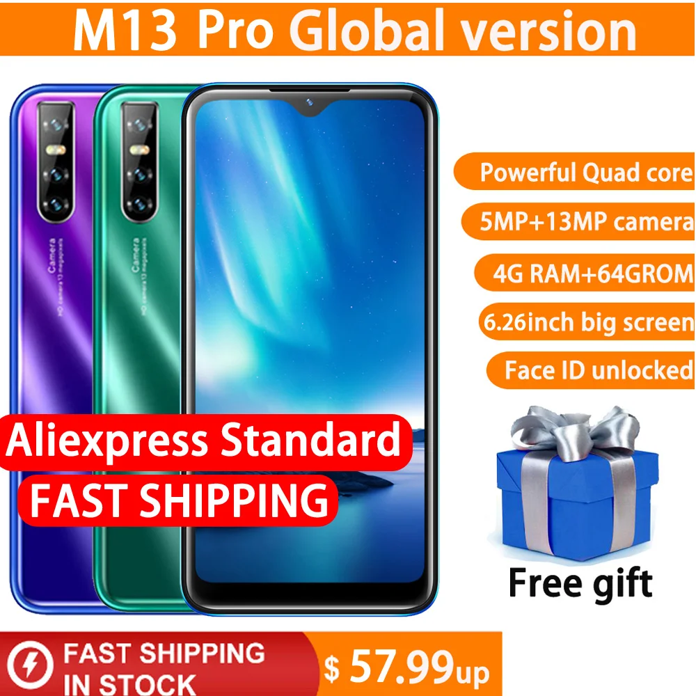 Новые мобильные телефоны M13 4 Гб ОЗУ 64 ПЗУ Android четырехъядерный MTK6580 13MP сканер лица