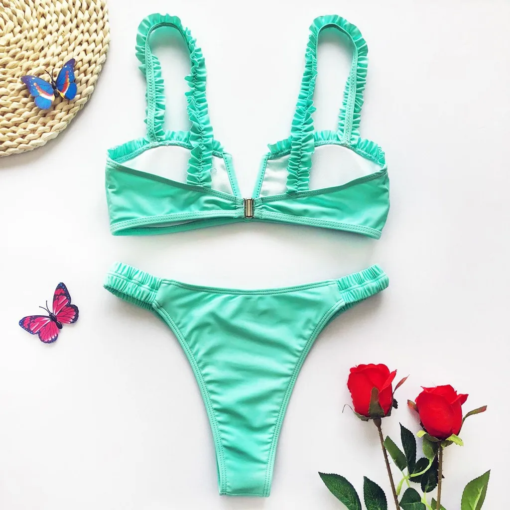 Женский купальник бикини с высоким вырезом микро wimsuit пуш ап однотонное женский