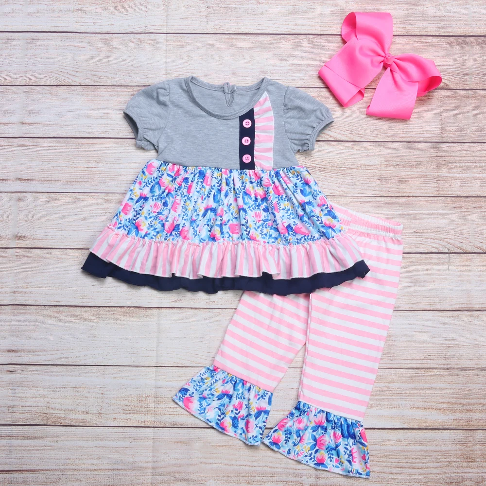 

Autumn Girls Clothes Gray Short Sleeve Skirt And Pink Striped Trousers Plum Red Flower Blue Leaf Print Pattern Girl Outfits