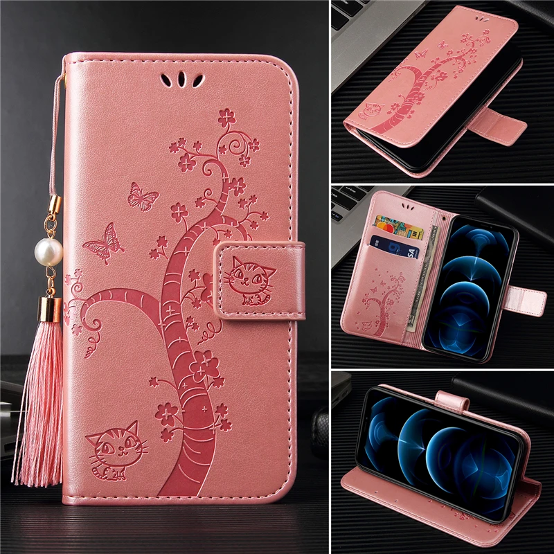 

Luxury Embossed Cat And Tree PU Leather Wallet Flip Case For iPhone 11 12 Pro Max XR X XS Max 8 7 6 6S Plus 5 5S SE 2020 Cover