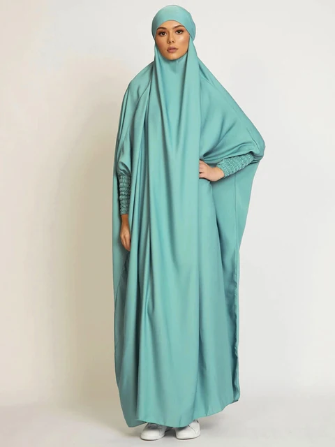 Muslim Women Jilbab One-piece  Prayer Dress Hooded Abaya Smocking Sleeve Islamic Clothing Dubai Saudi Black Robe Turkish Modesty 4