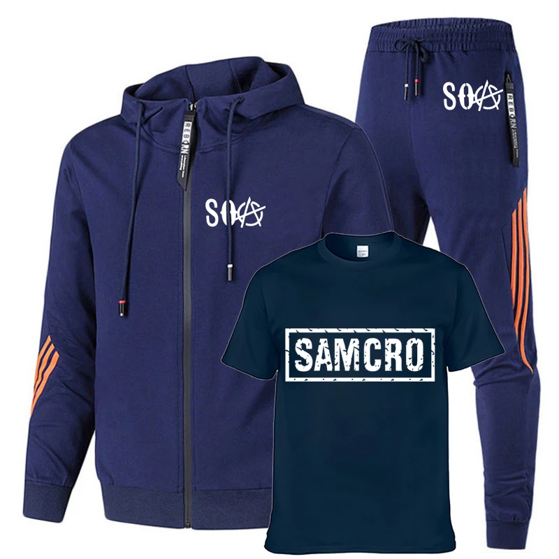 

Spring Autumn SOA SAMCRO of Anarchy Printing high quality cotton stripe Men's sweatshirt+T-shirt+sports pants 3-piece set