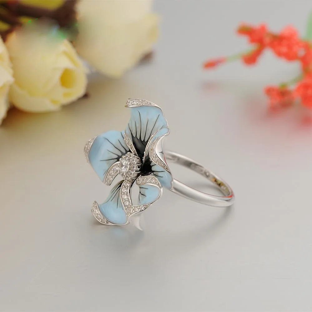 Cute Silver Color Blue Epoxy Flower Rings with Zircon Stone for Women Wedding Engagement Ring Fashion Jewelry 2020 | Украшения и