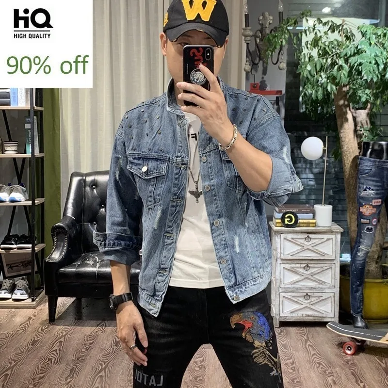 Весенне-осенние однобортные мужские джинсовые куртки с длинным рукавом