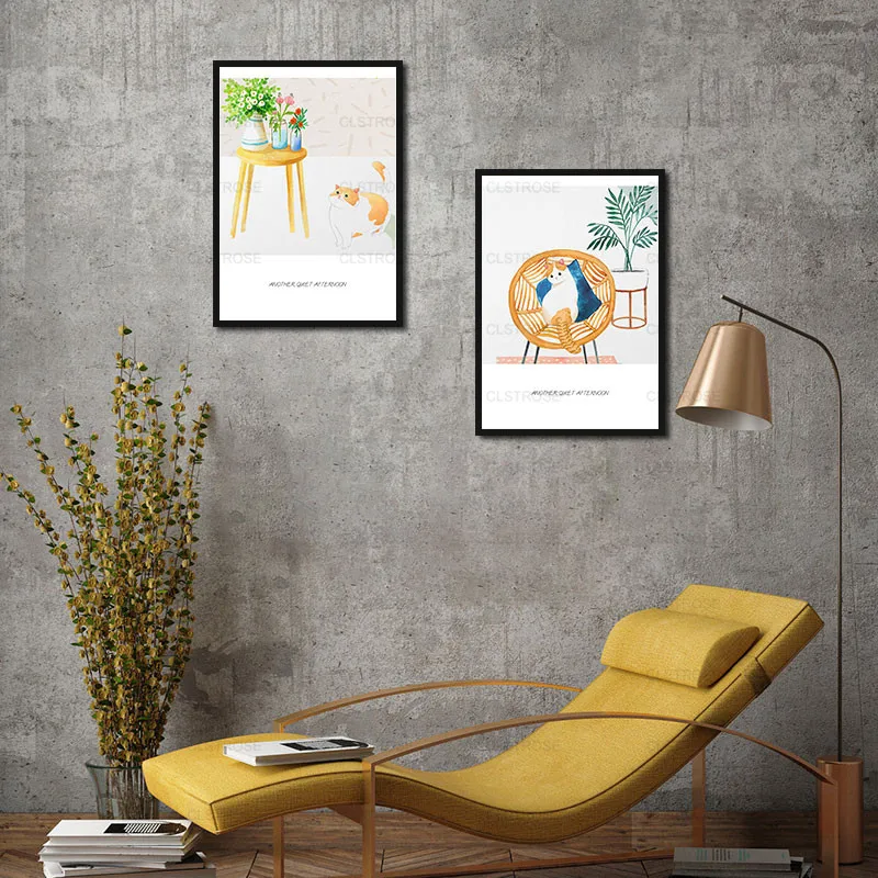 

Poster Yellow Cat By The Table In The Vase Wall Art Canvas Painting Korean Landscape and Prints Frameless Home Decorative