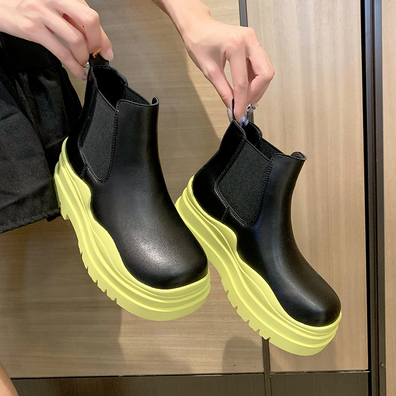 

2021 Designer Brand Chunky Platform Chelsea Boots Women Street Style Elastic Band Ankle Boots For Women Fashion Spring New