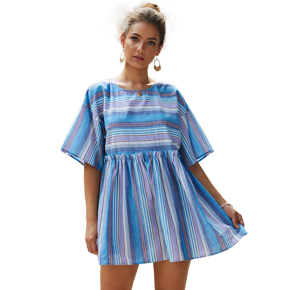 

dresses for women Cotton and Linen Printing elegant fashion backless stripe printing Dresses