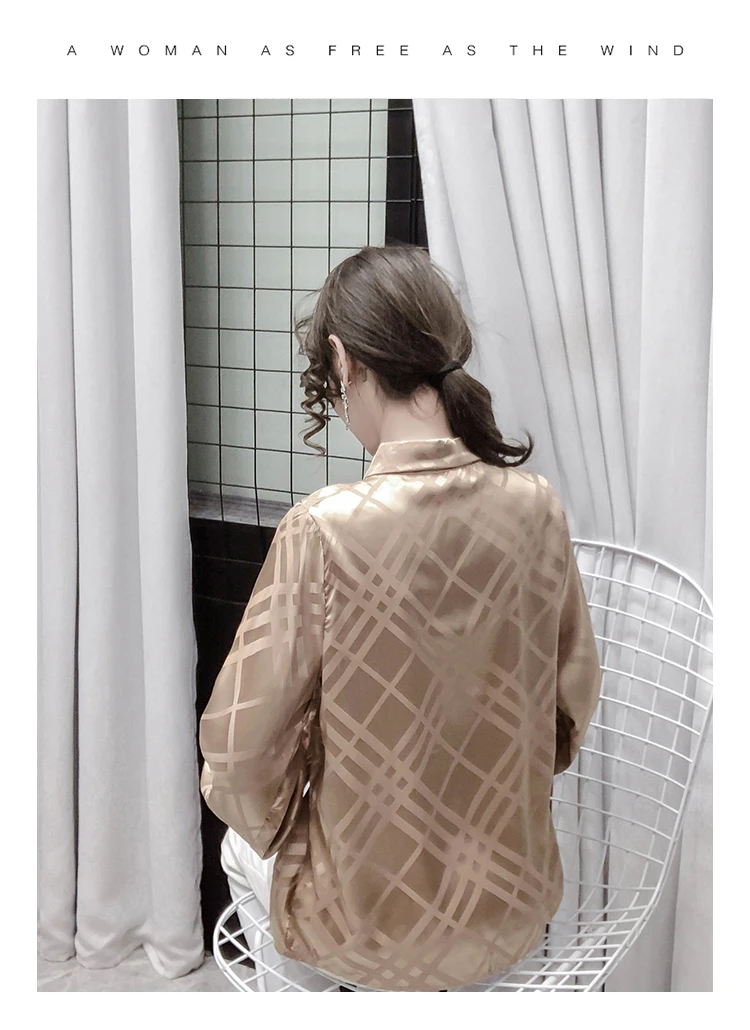 

Houthion Casual Shirt New Satin Long Sleeve Blouse Lapel Lattice Summer Tops Thin Comfortable Fashion