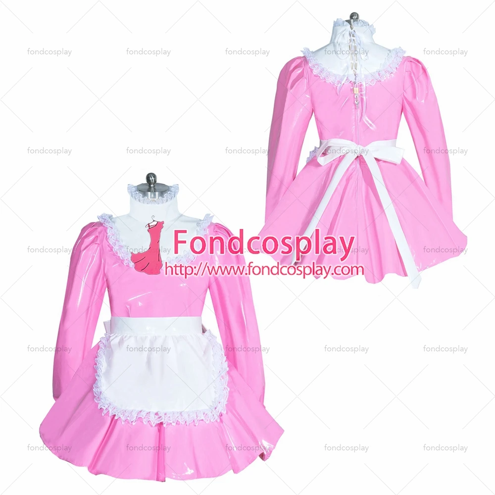 

fondcosplay adult sexy cross dressing sissy maid short french lockable Pink thin PVC dress patent leather Tailor-made[G3959]