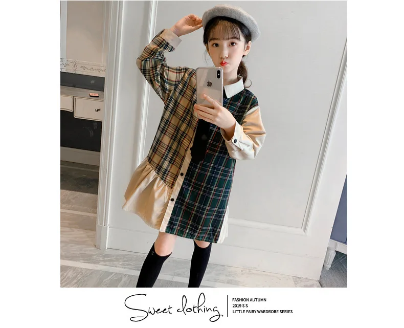 Платье для девочек клетчатый Топ с длинным рукавом модная Осенняя детская одежда