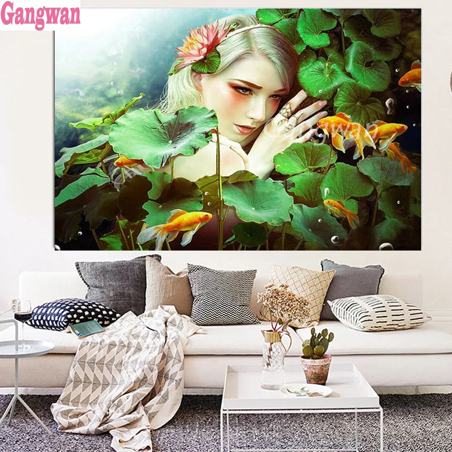 Gangwan Алмазная мозаика красота леди рыба кои лоуты полная квадратная круглая 5d diy