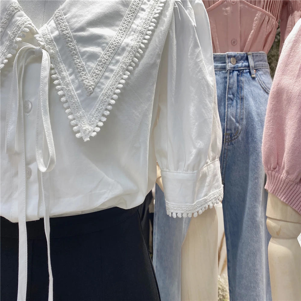 

2021 Spring/Summer New Peter Pan Collar Blouse Women's Simple Solid Color Short Sleeve Shirt Ladies Sweet Tops