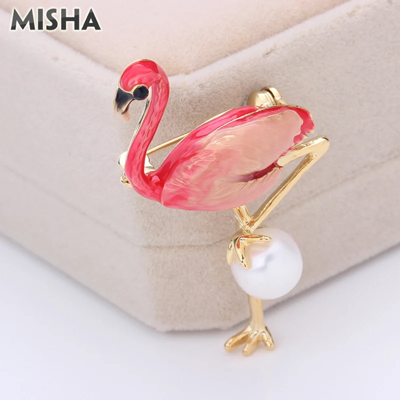 MISHA Vintage Brooch For Women Animal Flamingo Enamel Glaze Handmade Stylish Breastpin Pin Jewelry Ladies Girls Gift L463 | Украшения и