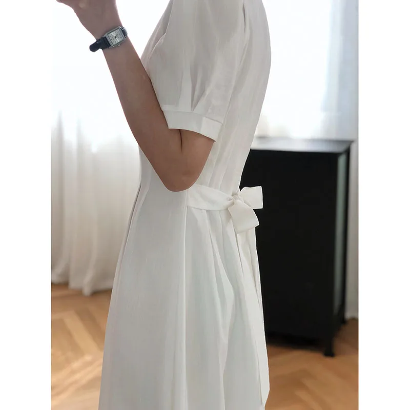 

Elegant Casual Temperament High Waist A-Line Skirt Women Slim Lace Up Bow Puff Sleeve Age Reduction Gentle Goddess Dress