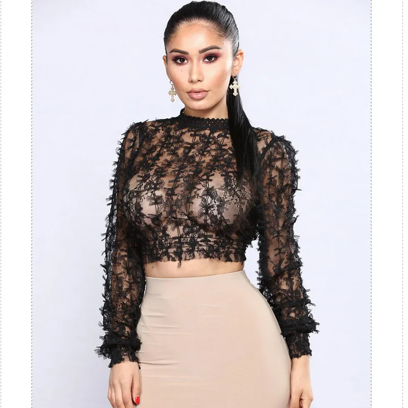 

2019 Sexy Womens T-Shirt Mesh Hollow Out Long Sleeve High Neck Slim Short T-Shirt Bow Lace Solid Color Casual Blouse Top Autumn