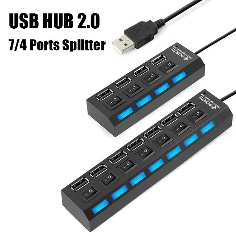 7/4 портов usb-хаб 2 0 со светодиодным переключателем вкл/выкл Разветвитель Usb