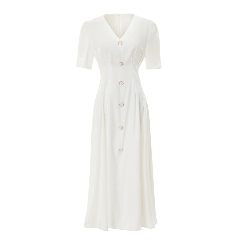 Женское однобортное атласное платье средней длины белое с V образным вырезом и
