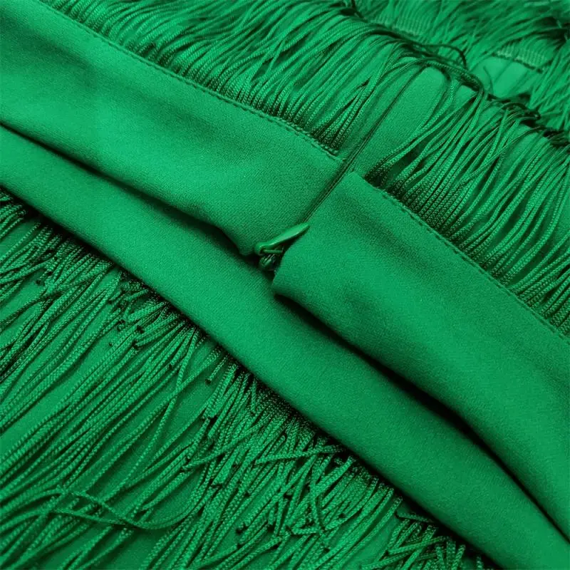 

Green Fringe Pencil Skirts Tassel High Waist Women Stretch Sheath Midi Length Ladies Slim Jupe