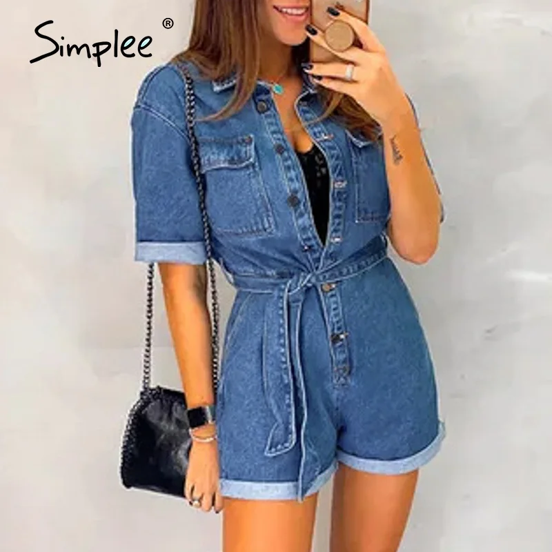 Simplee Повседневный джинсовый комбинезон женские комбинезоны с коротким рукавом и