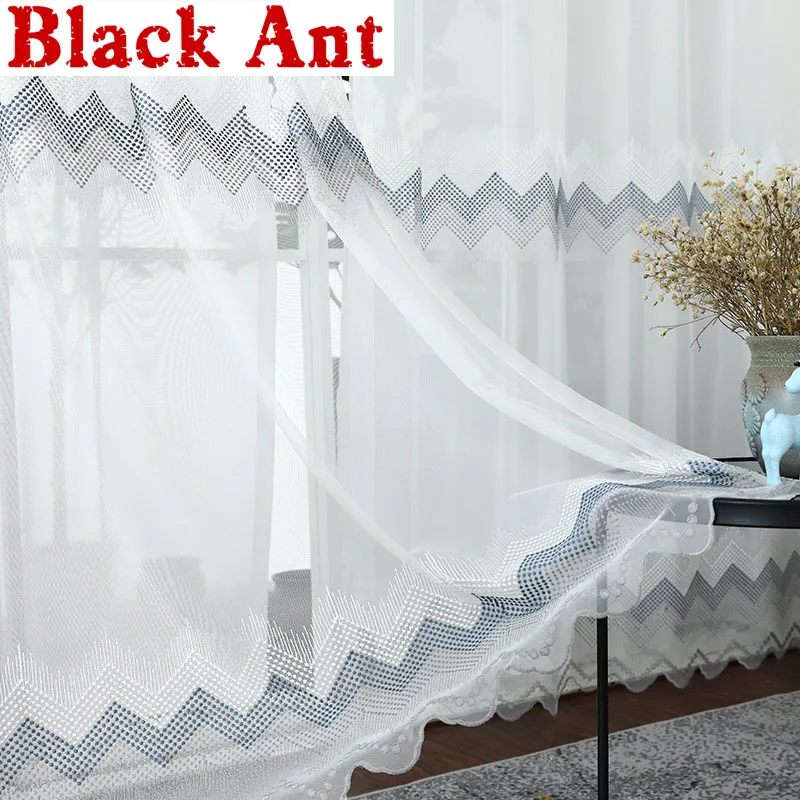 Синие волнистые вышитые занавески тюль для гостиной на окна прозрачная вуаль из