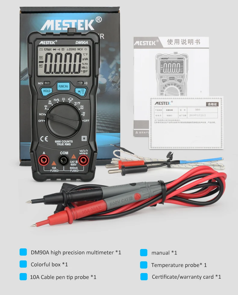 MESTEK DM90 Цифровой мультиметр 6000 отсчетов Цифровой мультиметр Профессиональный ЖК-дисплей AC/DC измерительные инструменты мультиметр тестер