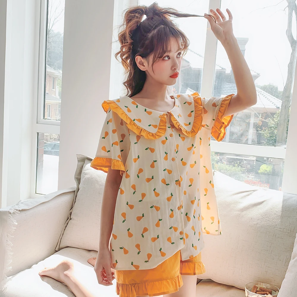 

Women Pure Cotton Short Pajamas Sweet Girls Doll Collar Printed Sleepwear Summer Female Short Pants Two-Pieces Loungewear New