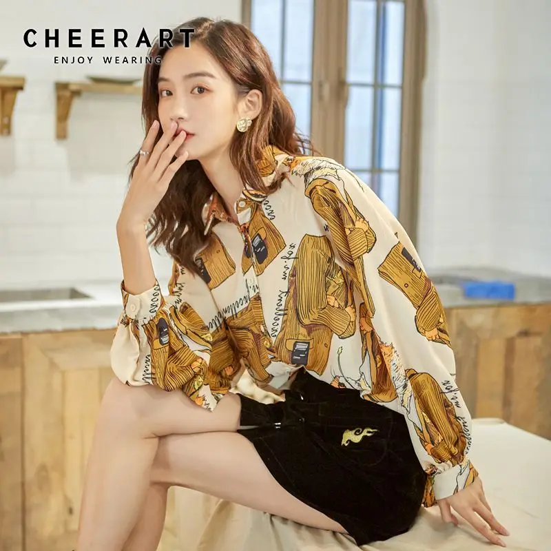CHEERART размера плюс шифоновая блузка женская с длинным рукавом на пуговицах