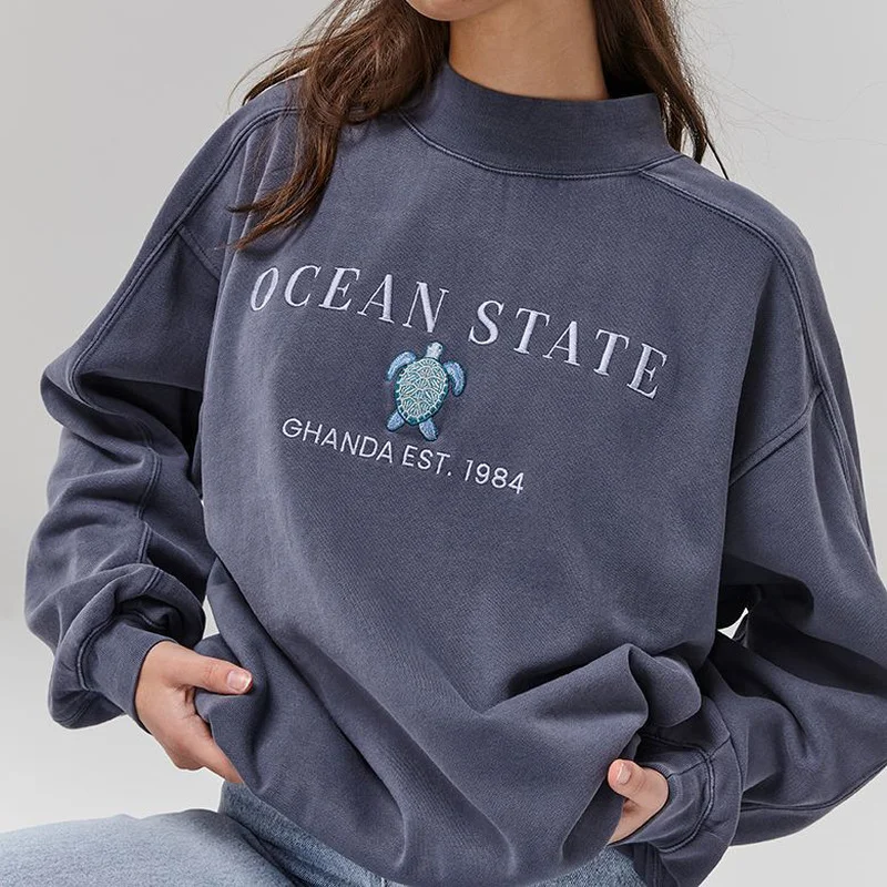 

Gray Blue Letter Printing Sweatshirt Women Oversized Hoodies Vintage Casual Loose Long Sleeve Fashion Top Streetwear 2021 Autumn