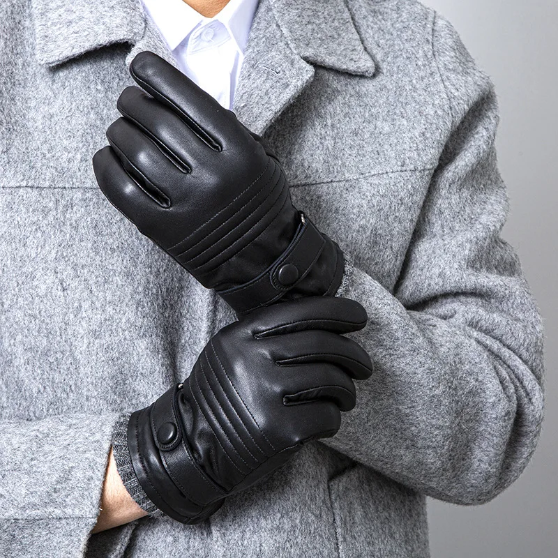 Men Genuine Leather Gloves Goatskin Leather Windproof Warm Touchscreen Glove Winter Black Mittens For Men NR263