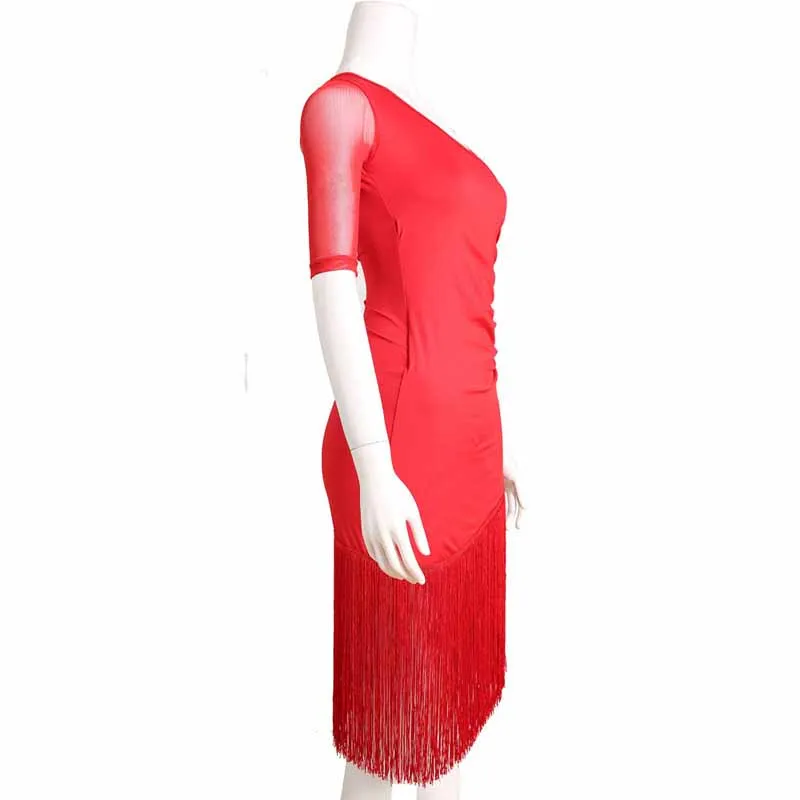 Black Red Latin Dance Dress Short-Sleeve Tassel One-Piece for Women Female Ballroom Tango Rumba Costumes | Женская одежда