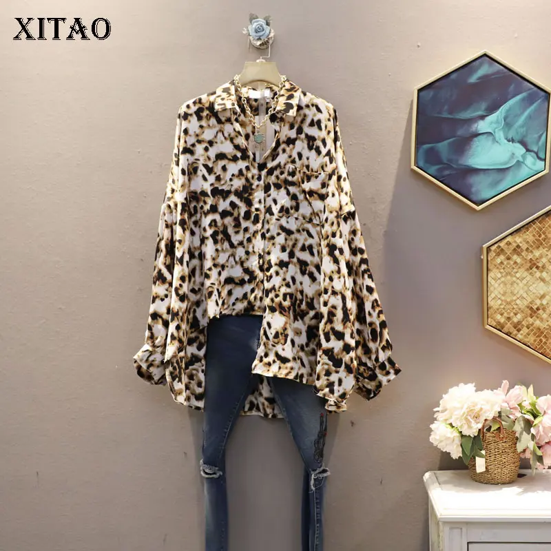 Женская Асимметричная леопардовая рубашка XITAO Повседневная Свободная блузка с