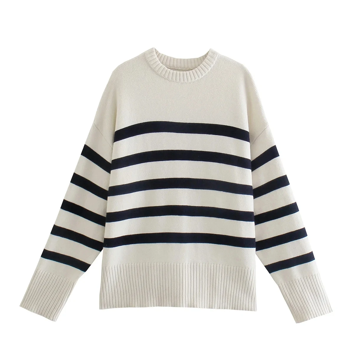 

Stylish Beige Women's sweater Autumn Striped Warm Knitted Pullover For Winter Long Sleeve O-neck Basic Chic Casual Sweaters